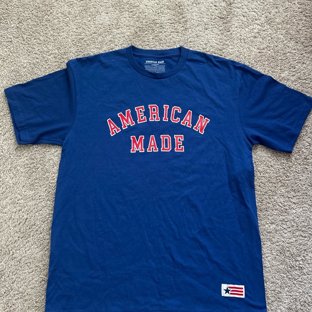 American Giant Navy Tee with Red Print